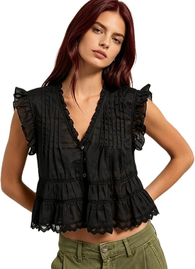 Women's Ruffle V Neck Babydoll Tank Top, Semi Sheer Lace Flowy Peplum Top, Boho Eyelet Button Dow... | Amazon (US)