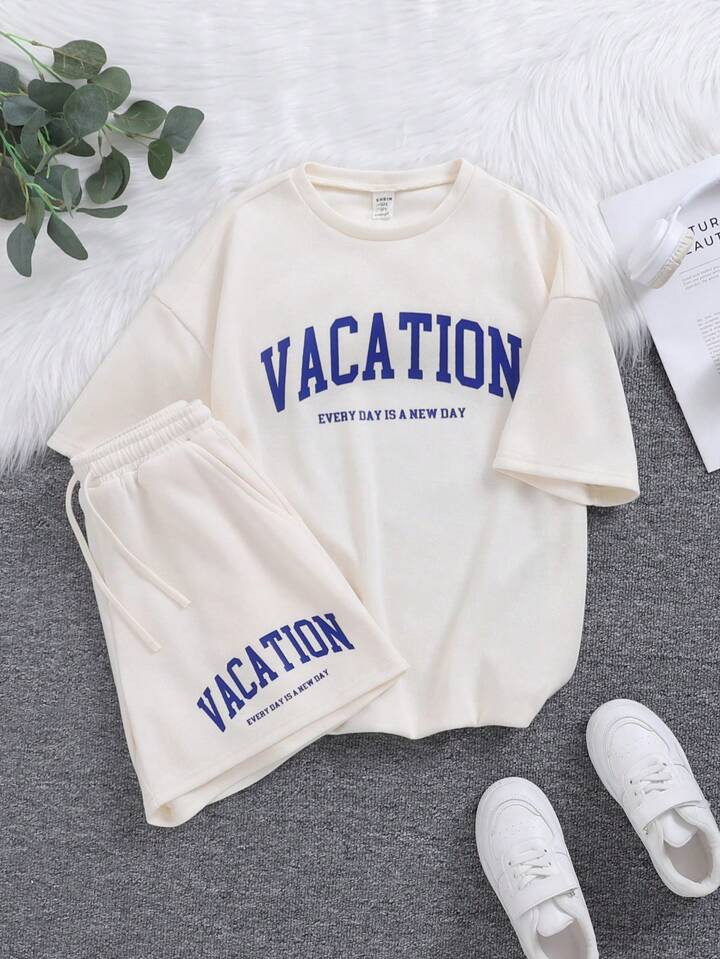 SHEIN Tween Girl Casual Knit Round Neck Short Sleeve Two Piece Set,Summer Clothes Summer Outfits | SHEIN