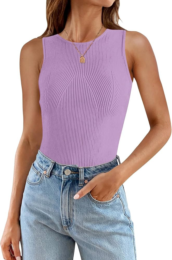 Womens Ribbed High Neck Tank Tops Sleeveless Slim Fitted Casual Basic Knit Shirts 2024 Summer | Amazon (US)