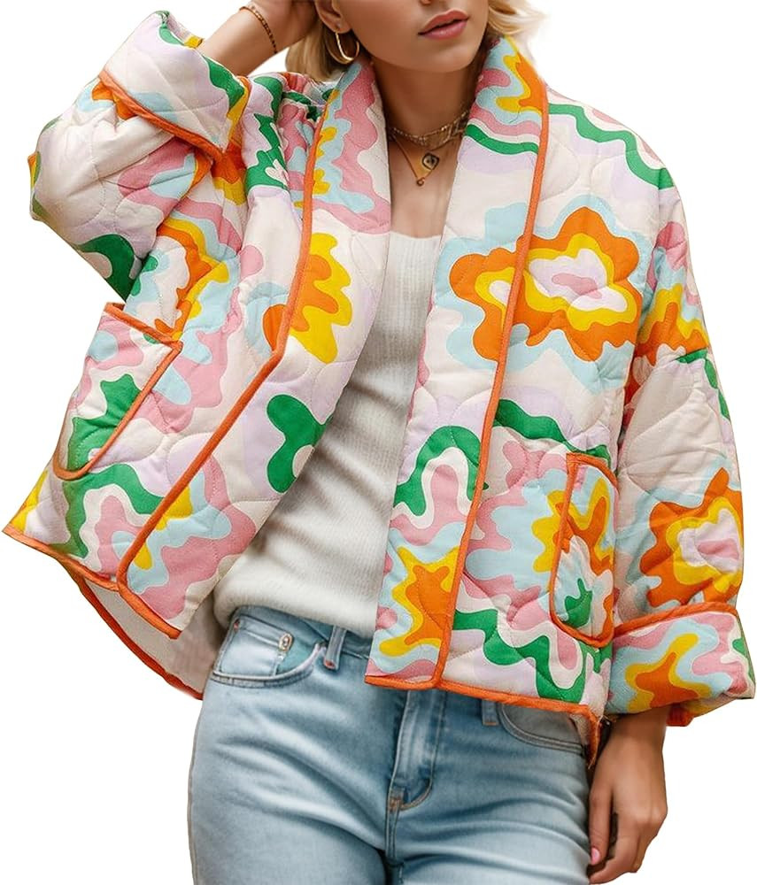 Duyang Women's Cropped Puffer Jacket Lightweight Floral Printed Open Front Quilted Coat Winter Wa... | Amazon (US)