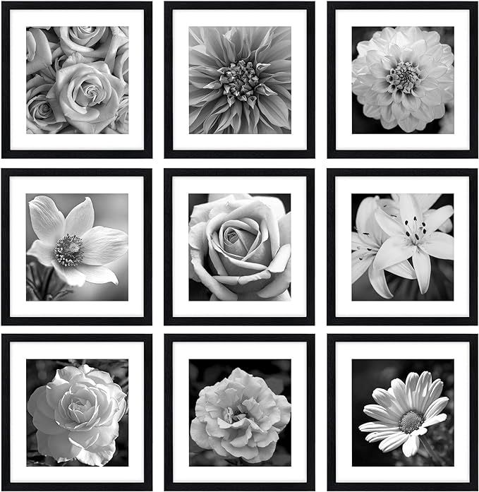 eletecpro 12x12 Picture Frames Black Set of 9, Wooden Square Frame Displays 8x8 With Mat and 12x1... | Amazon (US)
