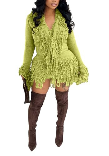 LETSVDO Women's 2 Piece Skirt Set Long Sleeve Tie Front Fringe Knit Sweaters Tassel Mini Skirt Sexy Fall Club Party Outfits | Amazon (US)