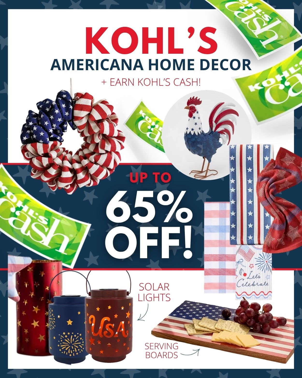 @Kohl's has Americana home decor up to 65% off, and some of these finds are TOO cute for summer entertaining! We found solar lights, serving boards, kitchen towels, and more that make your home feel instantly ready for Memorial Day & the Fourth of July  🇺🇸❤️🤍💙

Even better? You can stack these deals 🙌

✨ GOSHOP10 – $10 off a $25+ purchase online or with the in-store shopping pass
✨ HOME15 – 15% off a home purchase online or with the in-store shopping pass
✨ Text SAVE02 to 56457 to score an extra 15% off when you sign up for texts
(Already subscribed? Text STOP, then SAVE02 again!)
PLUS today only, earn $5 Kohl’s Cash for every $25 spent 🙌 Redeemable 5/26–5/31.
#kohls #kohlspartner

#LTKHome #LTKSaleAlert #LTKOver40