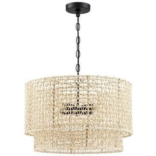 TRUE FINE 20 in. 4-Light Rattan Tiered Drum Pendant Chandelier Light with Black Canopy TD90062C -... | The Home Depot