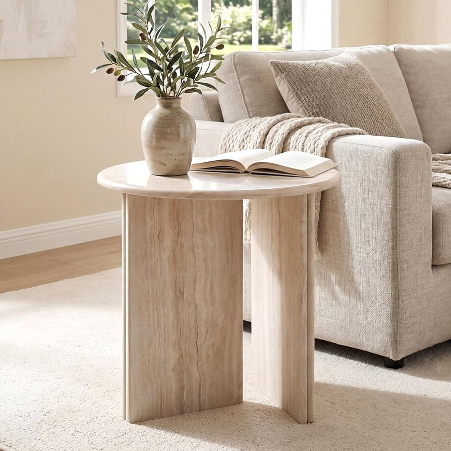 DUOMAY Wood Round Side Table Small Faux Marble Bedside Table 18" Modern End Table Natural Travert... | Amazon (US)