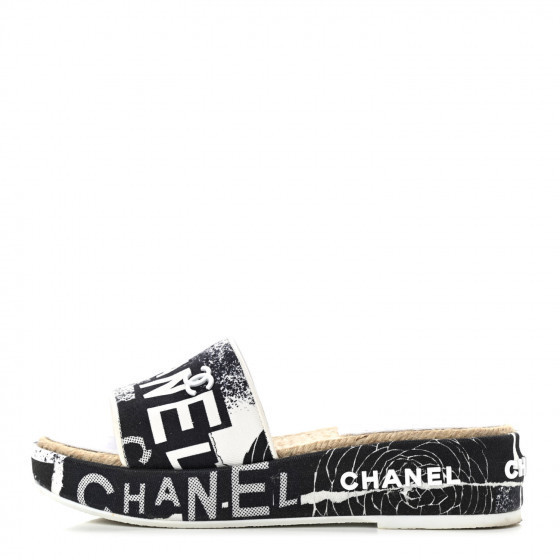 CHANEL Fabric Grosgrain Printed CC Espadrille Slip On Sandals 35 White Black | Fashionphile