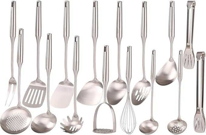 18/10 Stainless Steel Cooking Utensils Set - 16 PCS All Metal Small & Large Kitchen Spoons, Servi... | Amazon (US)