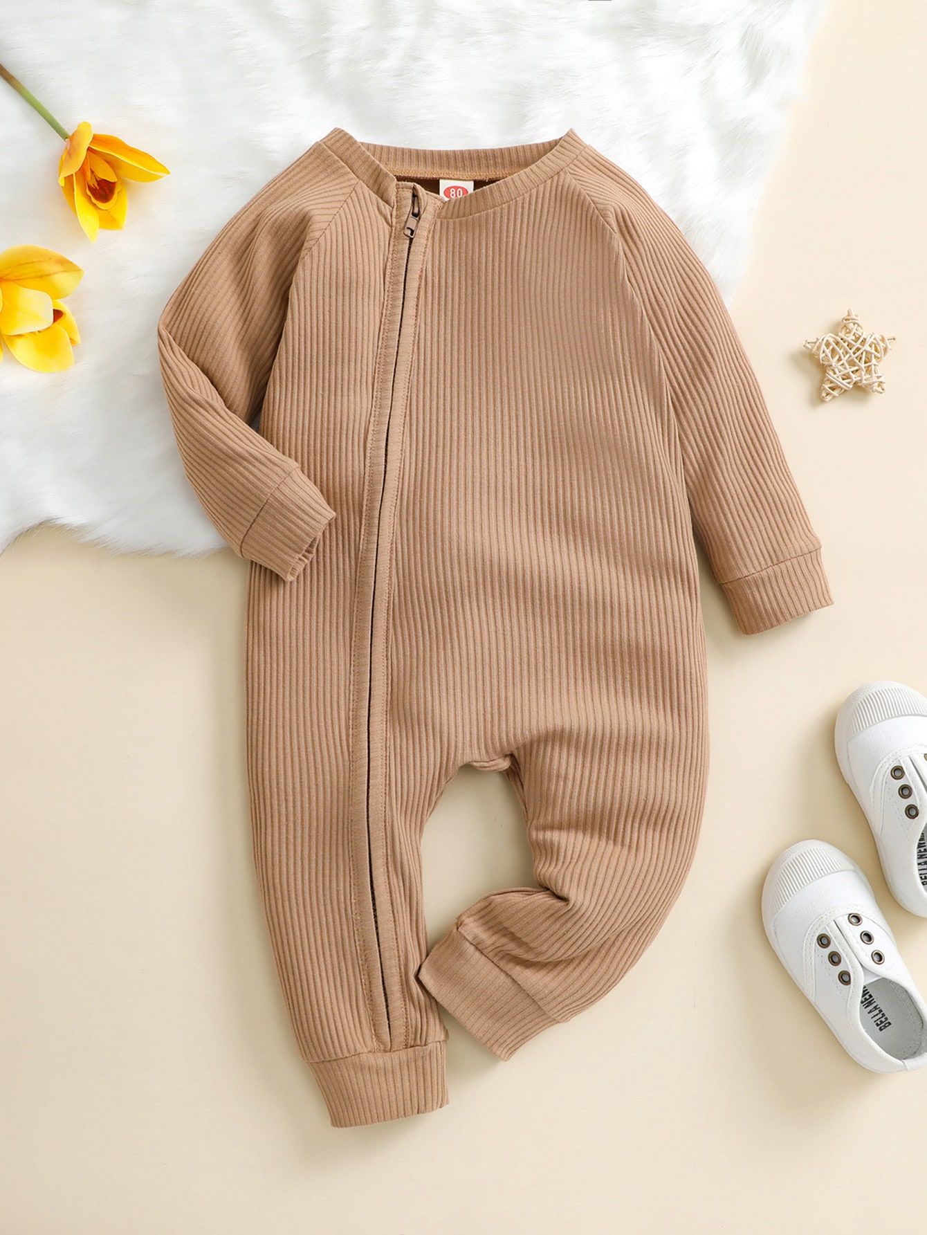 Baby Solid Raglan Sleeve Oblique Zipper Jumpsuit | SHEIN