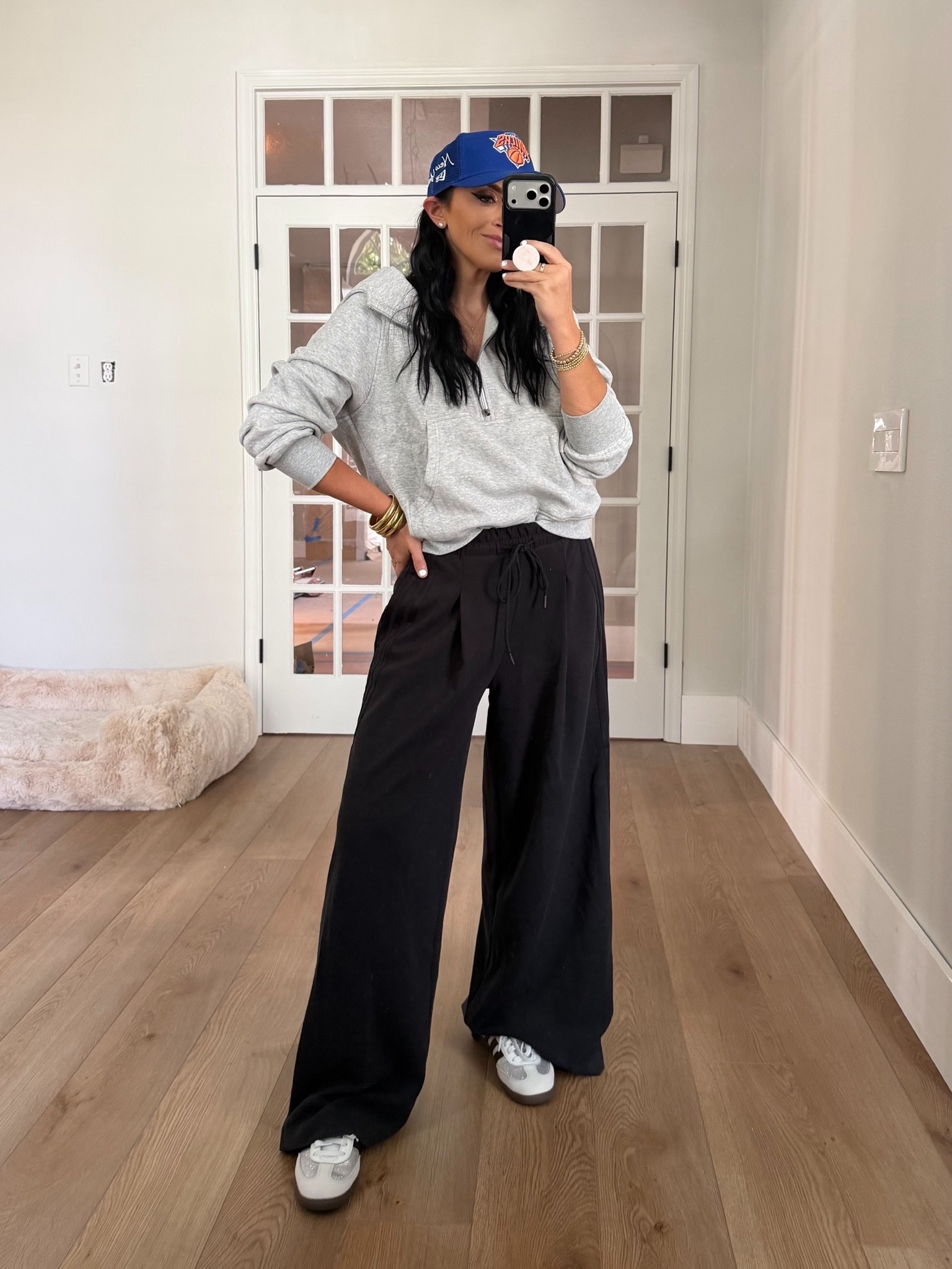 Women Gold Half Zip up Cotton Hoodies. Adidas wide leg pants