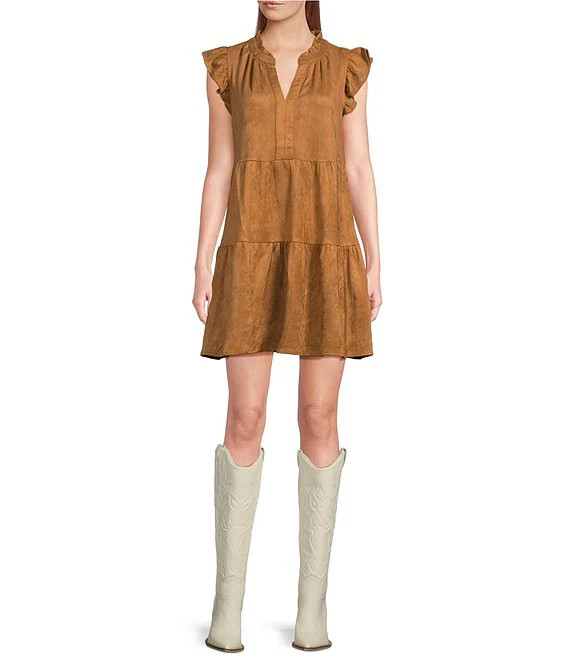 Skies Are Blue Faux Suede Split V-Neck Ruffle Cap Sleeve Tier Dress | Dillard's | Dillard's