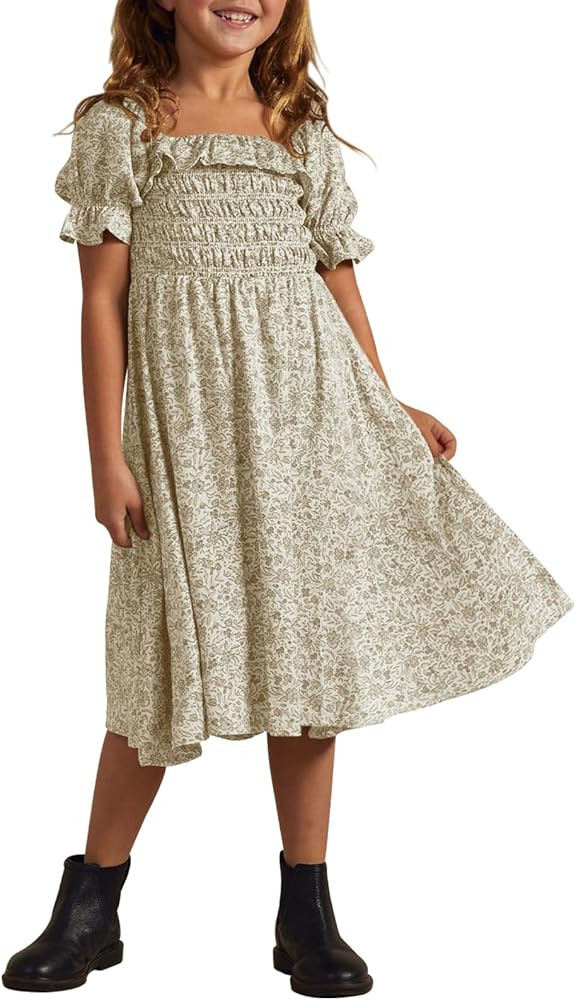 Girls Summer Puff Short Sleeve Square Neck Floral Boho Party Midi Dress 5-14 Years | Amazon (US)