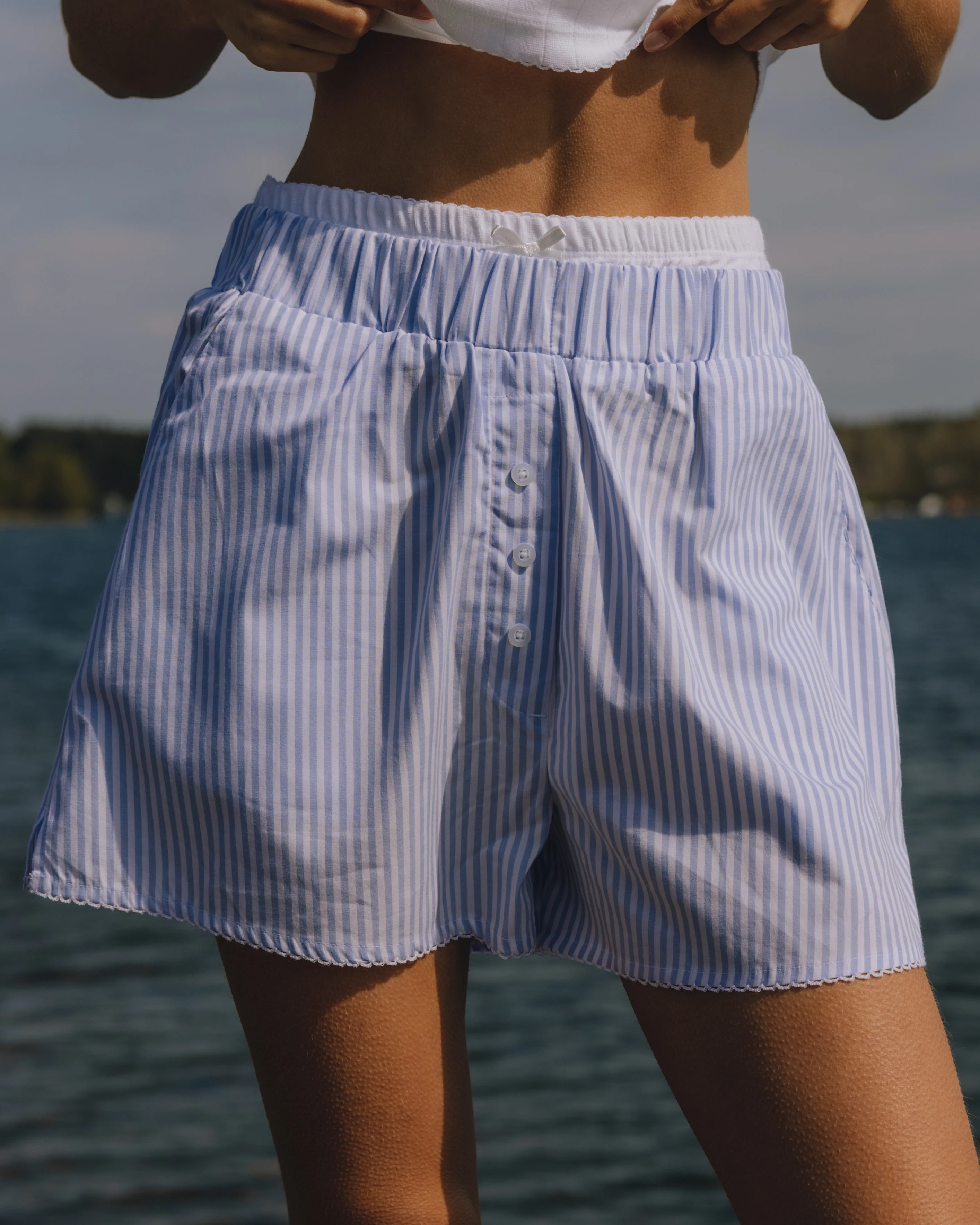 Pointelle Layered Poplin Resort Shorts - Mist + White Stripe | Daily Drills