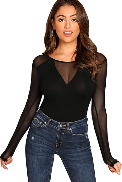 ROMWE Women's Sheer Mesh Slim Fit Top Long Sleeve See Through Tee Blouse | Amazon (US)