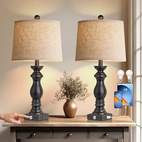 24.5" Table Lamp Set of 2, Rustic Farmhouse Bedside Lamps with USB A+C Charging Ports, 3-Way Dimmable Touch Control Nightstand Lamps for Living Room Bedroom, Antique Black, LED Bulbs Included | Amazon (US)