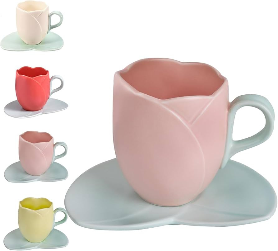 Generic Ceramic Tulip Coffee Mug with Saucer Set, 1 Set Coffee Cup and Saucer Set, Ceramic Coffee... | Amazon (US)