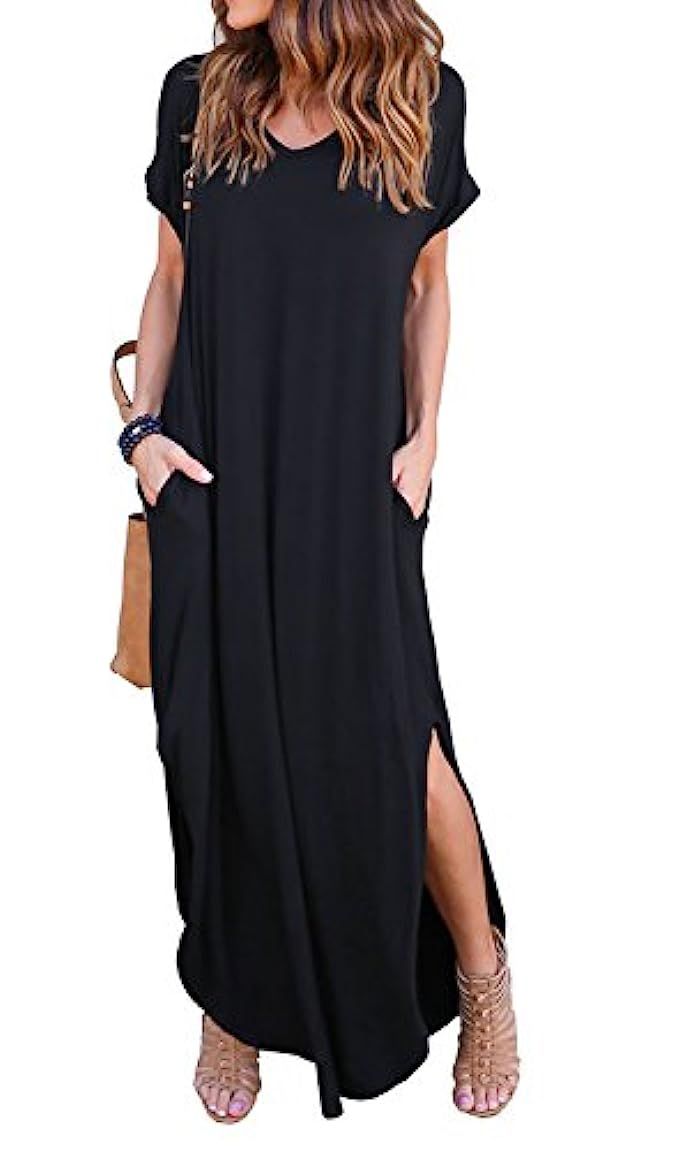 GRECERELLE Women's Casual Loose Pocket Long Dress Short Sleeve Split Maxi Dress Black XS | Amazon (US)