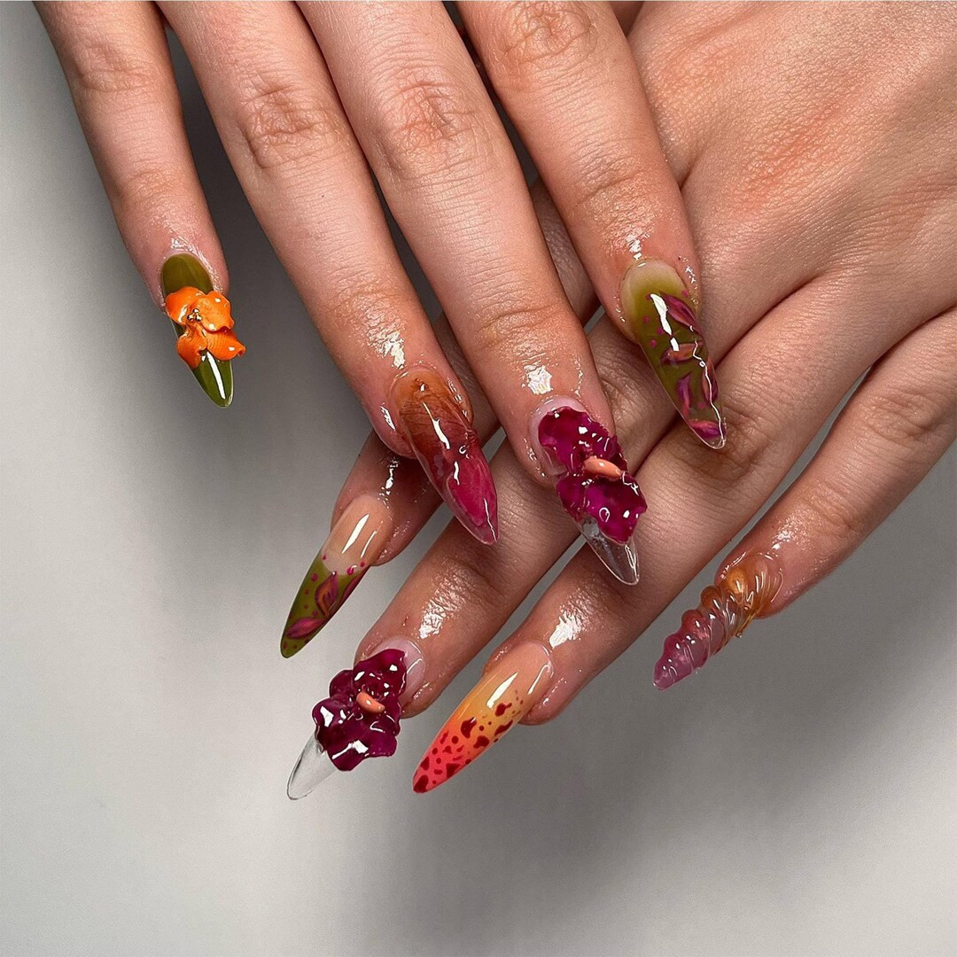 Luxury Tropical Garden Press on Nails | Handcrafted Art Nails With Vibrant Colors | Artistic Hand... | Etsy (US)