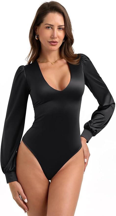 PINKMSTYLE Womens Sexy Satin Silk Plunge V Neck Puff Long Sleeve Bodysuit Going Out Outfit | Amazon (US)