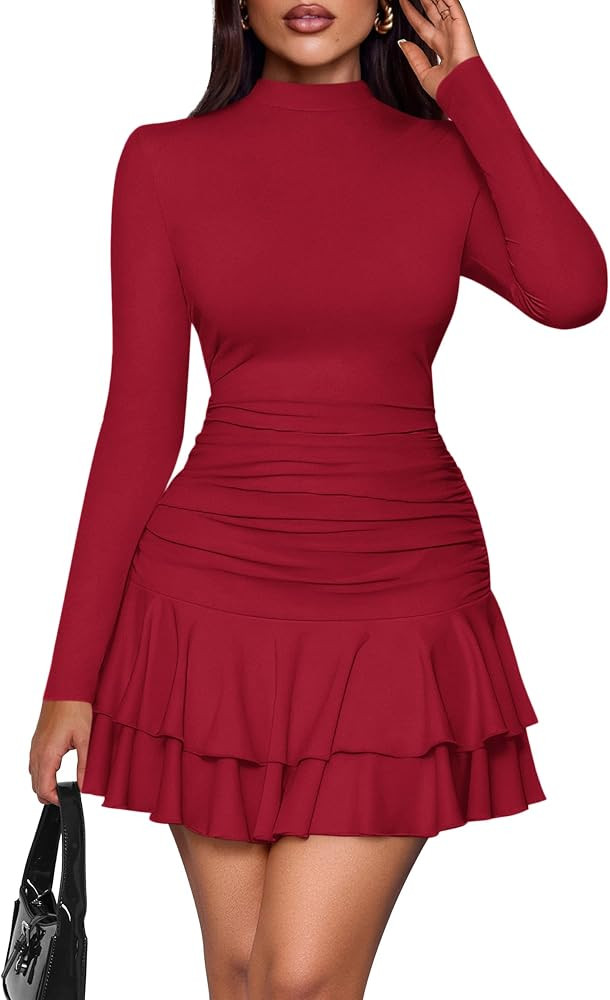 PRETTYGARDEN Womens Spring Long Sleeve Dresses 2026 Mock Neck Ruched Y2K Clothes Ruffle Layered B... | Amazon (US)