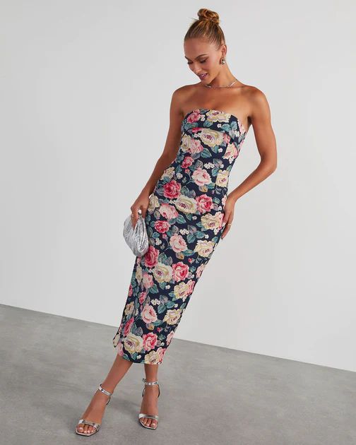 RSVP Yes Strapless Floral Midi Dress - Navy | VICI Collection