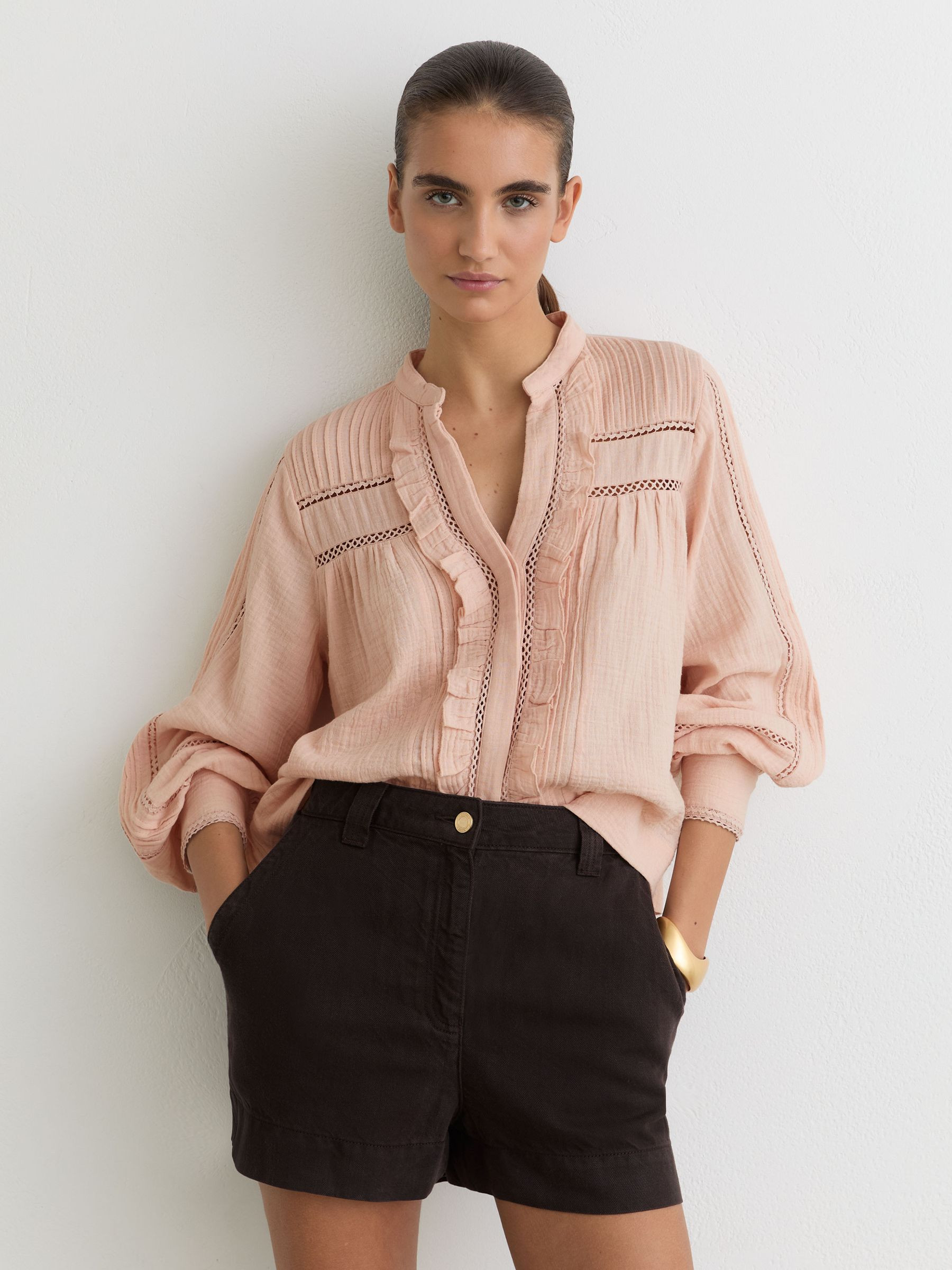Cotton Cheesecloth Long-Sleeve Top in Pale Pink | Reiss UK