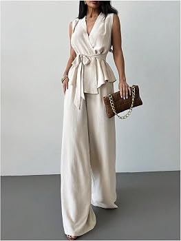 Verdusa Women's 2 Piece Old Money Clothes Tie Waist Wrap Vest with Dress Pants Clothing Sets | Amazon (US)
