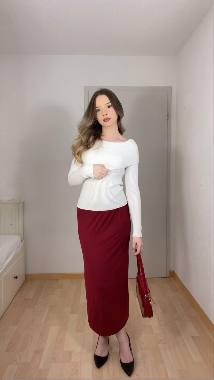 red midi skirt with shoulderoff white top longsleeve