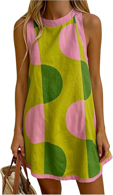 SweatyRocks Women's Summer Casual Tank Dress Color Block Geometrical Print A Line Mini Dresses | Amazon (US)