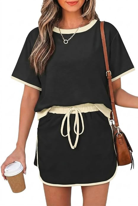 Opemiby Womens 2 Piece Skort Set 2026 Color Block Short Sleeve Top Drawstring Skort Matching Sets... | Amazon (US)