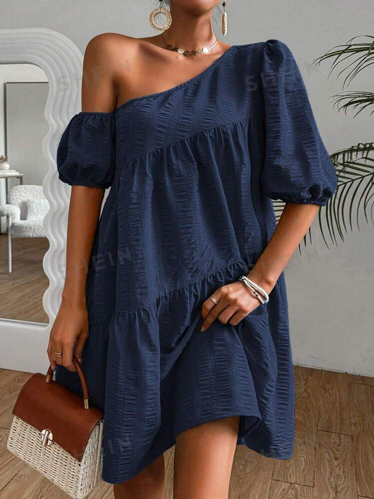 SHEIN Raffinéa Women Vacation And Casual Solid Color Asymmetric Collar Dress | SHEIN USA | SHEIN
