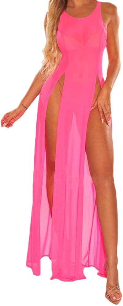 Women's Sexy Lingerie Sleepwear Night Gown Mesh See Through Slit Maxi Dress Bikini Cover Up | Amazon (US)