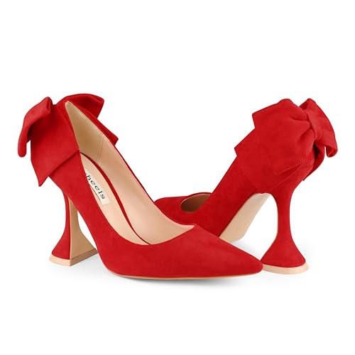 Zzheels Women's Bow High Heels Closed Toe Heels with Bow Chunky Heels Bridal Wedding Shoes Red Suede US9.5 | Amazon (US)