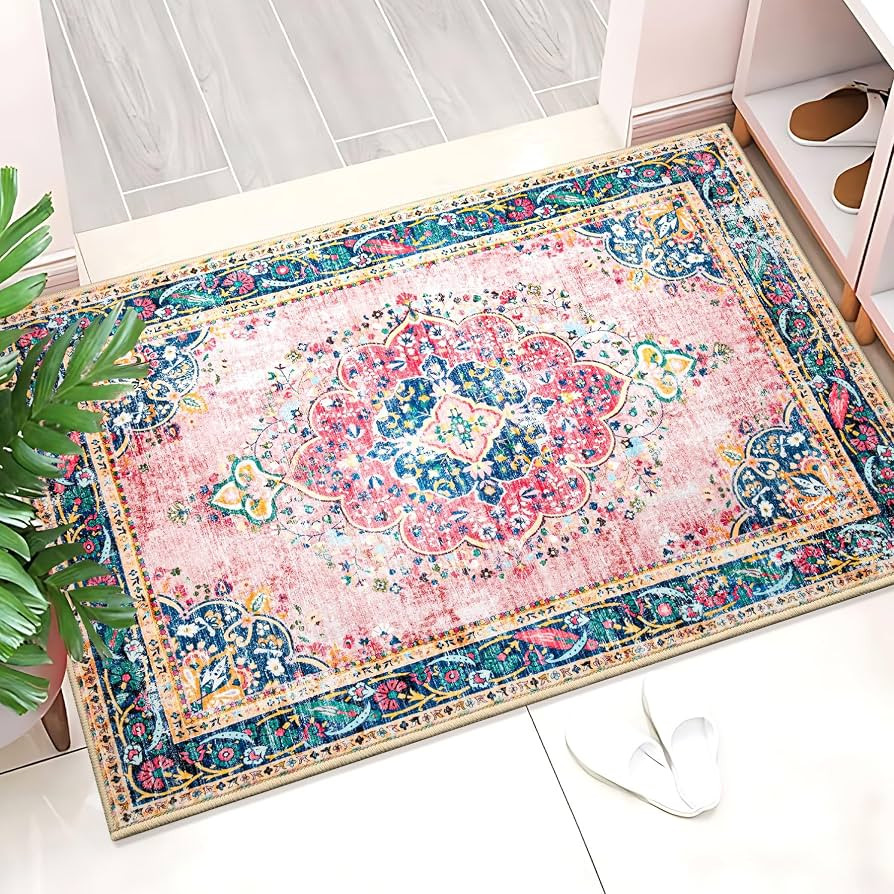 Small Area Rug 2x3 Pink Boho Bathroom Rug for Entryway Kitchen Blush Thin Foldable Vintage Throw ... | Amazon (US)