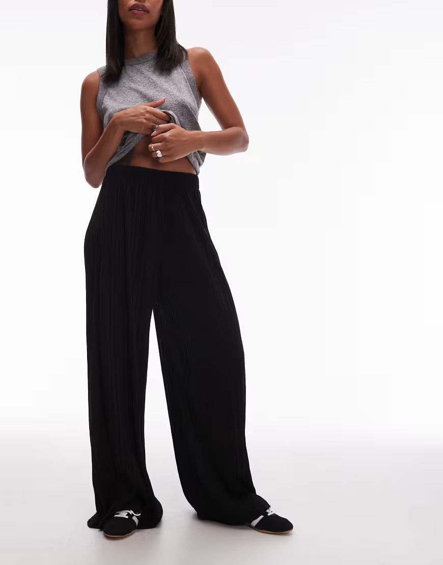 Topshop crinkle wide leg trousers in black | ASOS (Global)