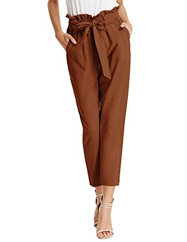 KANCY KOLE Women Paperbag Pants Self-Tie Belted Trousers Casual Cropped Pants with Pockets (Dark Curry,L) | Amazon (US)