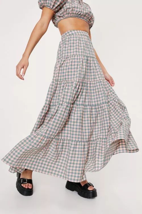 Gingham Print Tiered Maxi Skirt | Nasty Gal (US)