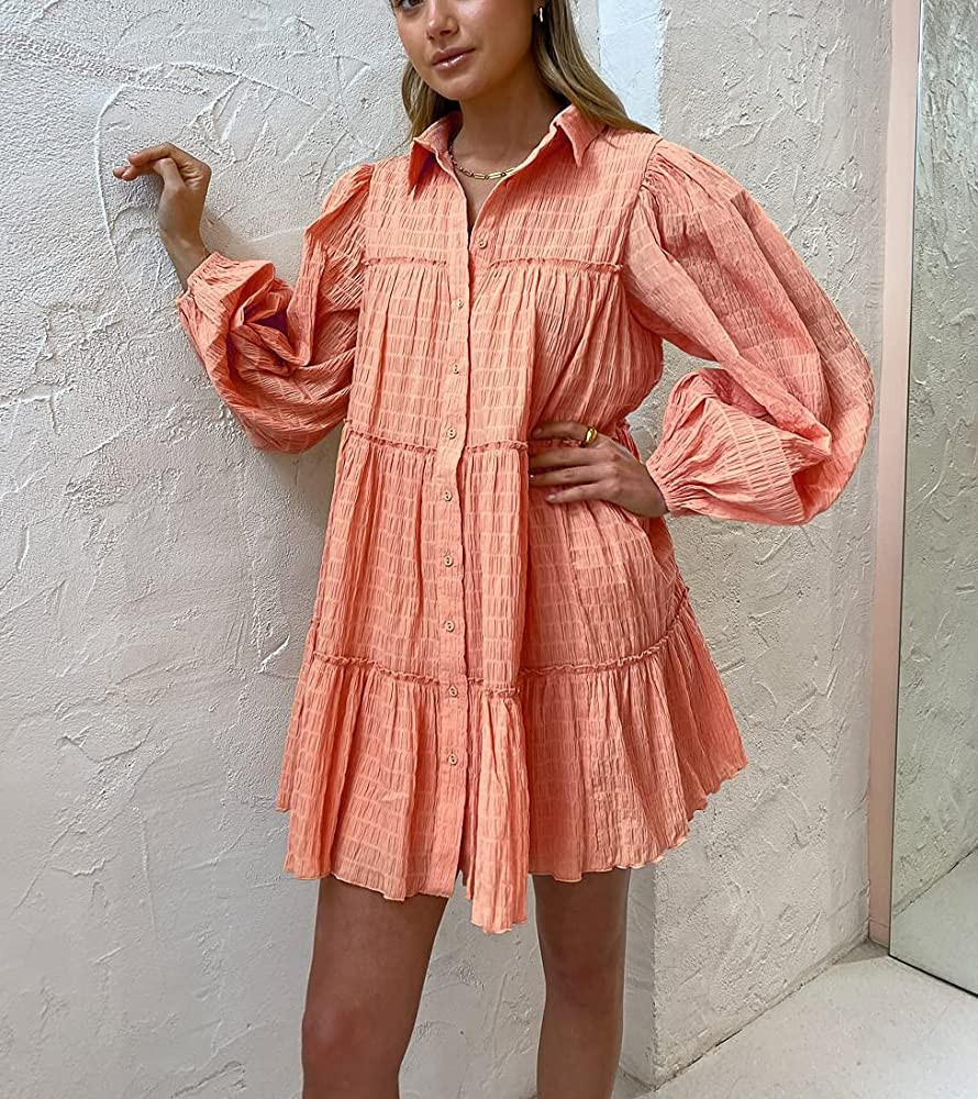 Aox Women Ruffle Sleeve Tunic Midi Dress Flowy Shift Sundress Sweet Babydoll Button Down Swing Skirt | Amazon (US)