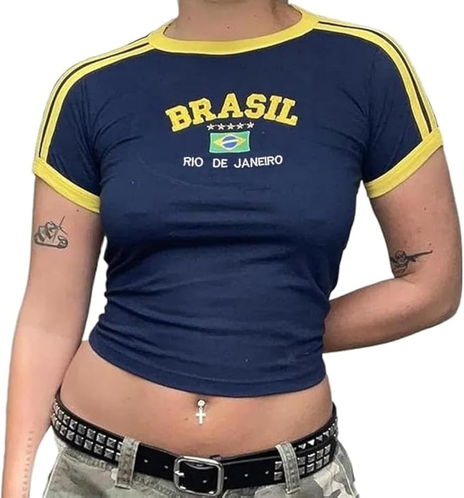Vintage Graphic Baby Tees for Women Brazil Shirt Y2k Tops Baby Crop Tees 90s Summer Going Out Top... | Amazon (US)