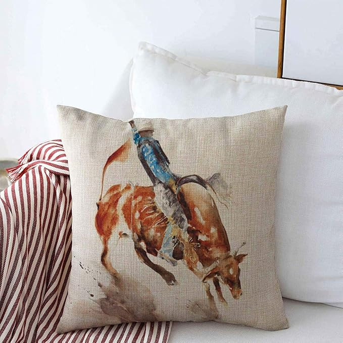 Throw Pillows Cover 18 x 18 Inches Brown Western Bull Rodeo Watercolor Wild Painting Sports Recre... | Amazon (US)