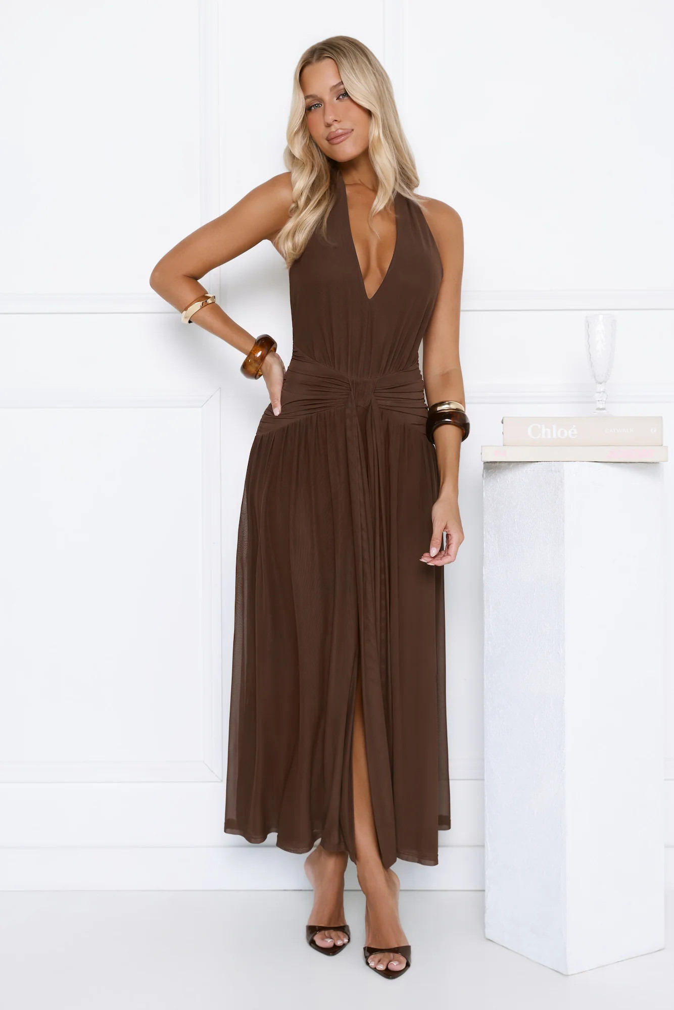 Whispered Promises Halter Mesh Maxi Dress Brown | Hello Molly (US)