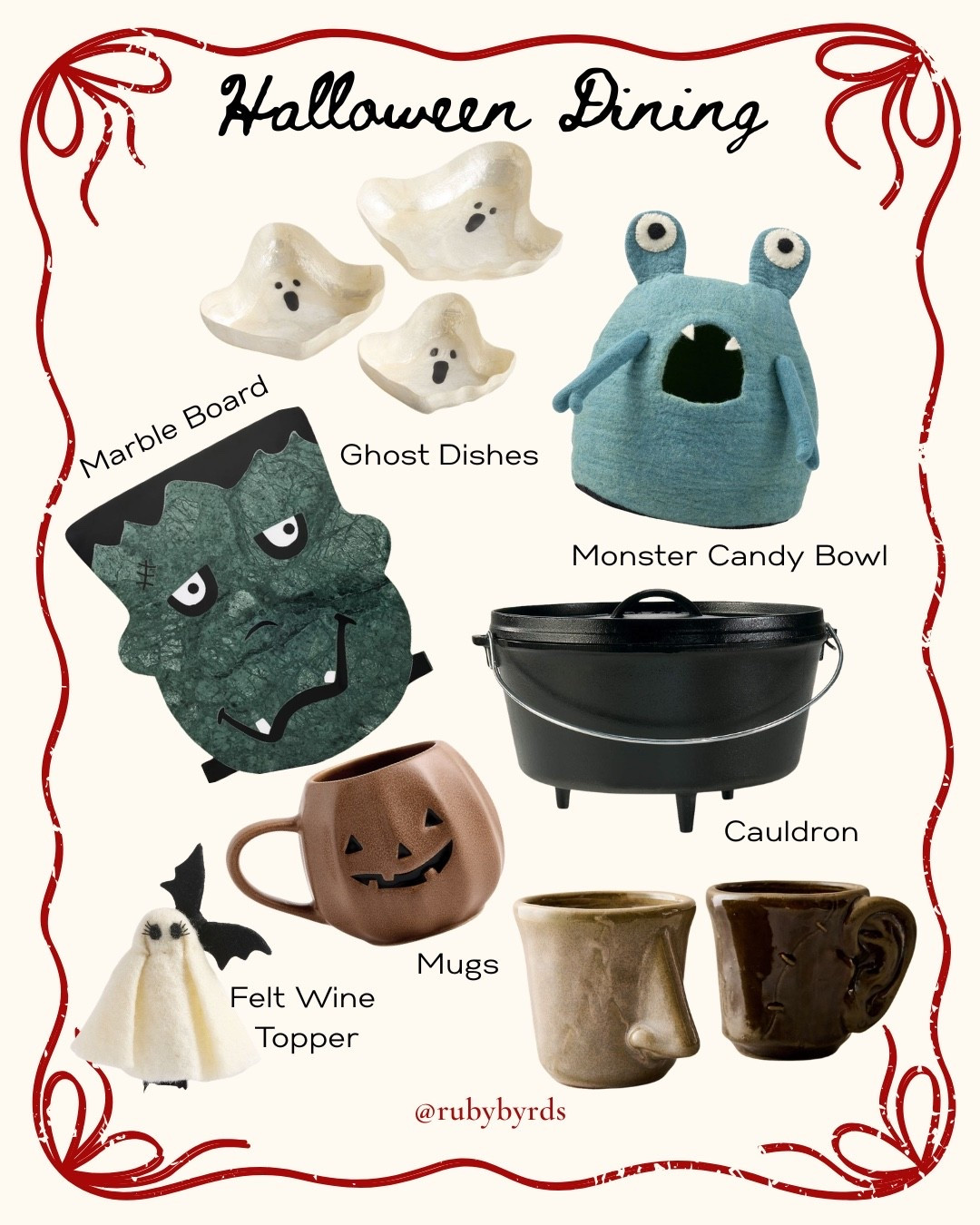 Halloween Dining - pumpkin mugs, monster candy bowl, ghost wine topper, frankenstein monster marble board, ghost dip bowls, witch cauldron.

#LTKfoodie #LTKSeasonal