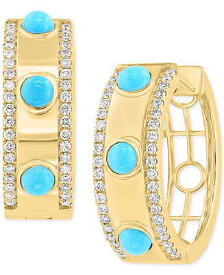 EFFY® Turquoise (3mm) & Diamond (3/8 ct. t.w.) Small Hoop Earrings in 14k Gold-Plated Silver, 0.... | Macy's