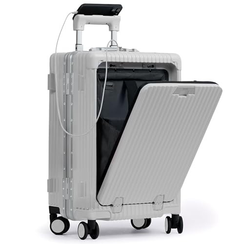 Nobl Travel Carry On Luggage, Noble Zipperless Aluminum Frame PC Hard Shell Suitcase, 23.5x15.5x10 Airline Approved, 360° Spinner Wheels, TSA Locks, USB Charging Port, Cup & Phone Holder - White | Amazon (US)