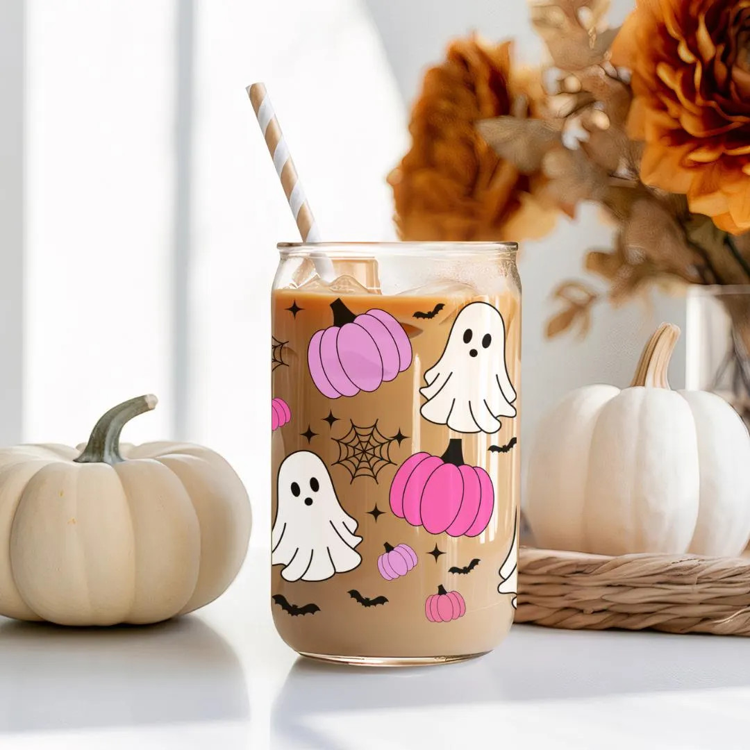 Cute Ghost Glass Can 16oz Pink Ghost Sipper Glass Ghost Halloween Pumpkin Glass Can Halloween Ice... | Etsy (US)