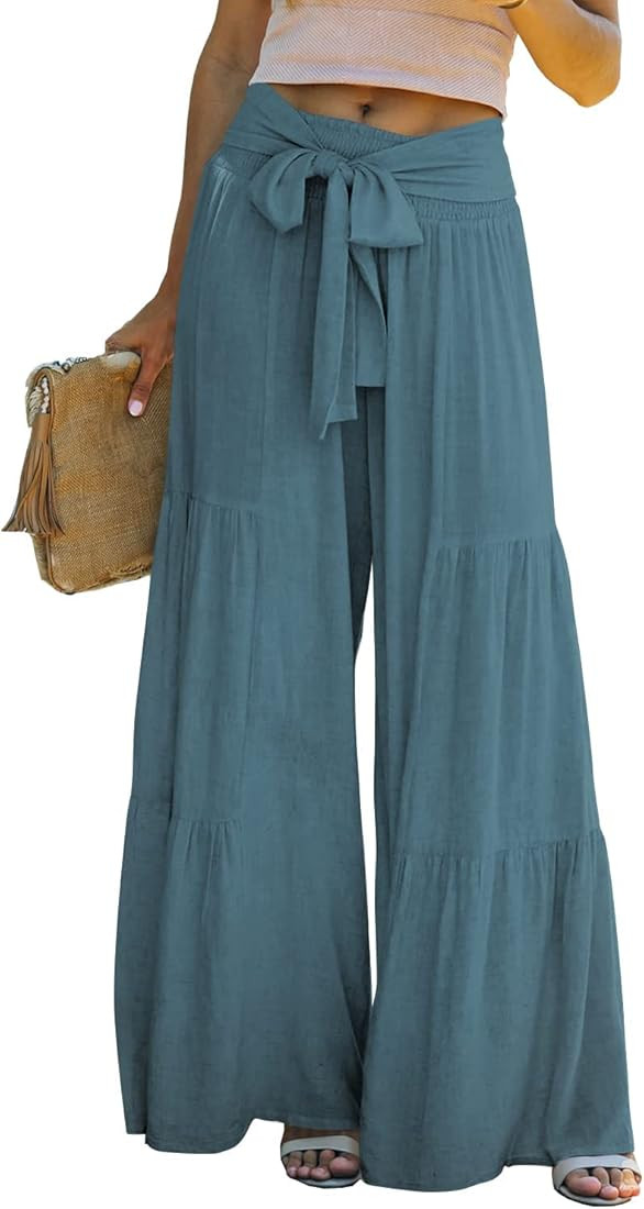 Lafural Women Summer High Waisted Cotton Linen Flare Palazzo Pants Beach Pant Long Bell Bottom Lo... | Amazon (US)