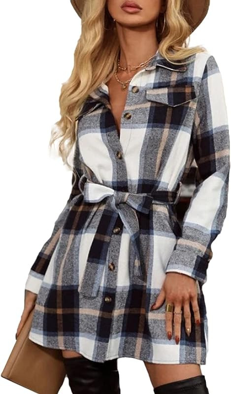 Jianzhixiao Womens Fall Long Sleeve Plaid Checked Tunic Mini Dress Button Down Shirt Shaket Jacke... | Amazon (US)