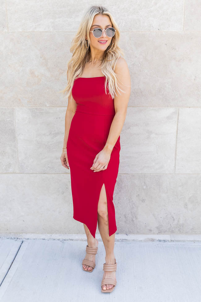 Unexpected Invite Red Square Neck Midi Dress | Pink Lily