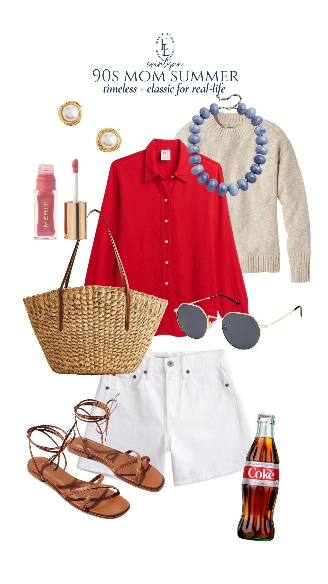 The outfit formula I keep repeating this summer: linen button downs, white denim, woven bags, oversized sweaters for freezing restaurants, and sandals that still feel feminine but comfortable. Add a Diet Coke and suddenly it’s a full personality trait.

classic style • 90s mom summer • timeless fashion • coastal style • linen shirt outfit • white denim shorts • woven tote bag • summer capsule wardrobe • effortless summer style • elevated basics • vacation outfits • neutral style • Gap style • classic summer outfits • lace up sandals • summer knit sweater • everyday outfits