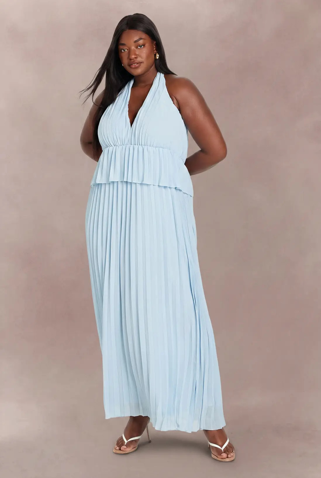Baby Blue Plus Halter Neck Ruffle Pleated Maxi Dress | Boohoo | Boohoo.com (UK & IE)