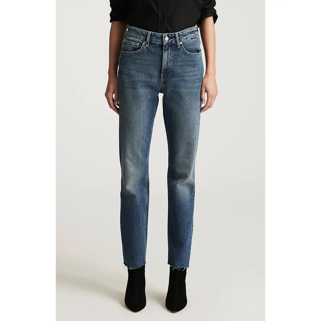 Mavi Jeans New York Raw Hem High Waist Ankle Straight Leg Jeans in Deep Used Classic Blue at Nordstrom, Size 30 X 28 | Nordstrom